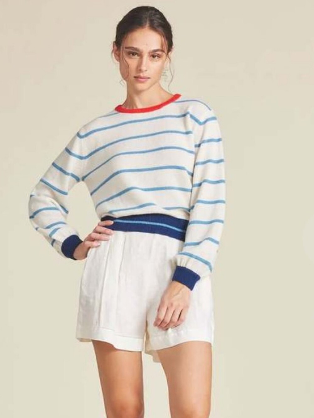 Trovata Birds Of Paradis Ryann Sweater in Blue and White Striped Cashmere
